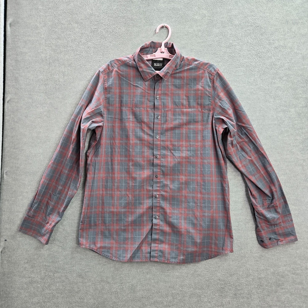 5.11 Men Button Up Shirt M Red Plaid Long Sleeve Logo Polyester Collar Pocket